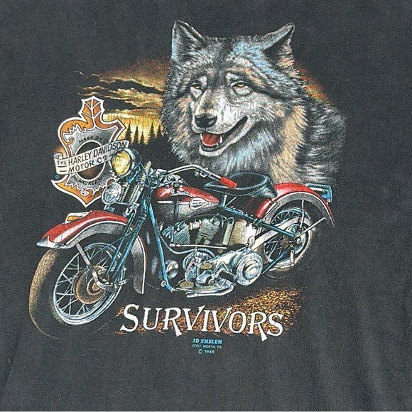 Vtg 1989 3D Emblem Harley Davidson Survivors Wolf LS t-shirt XL single stitch - Picture 2 of 13